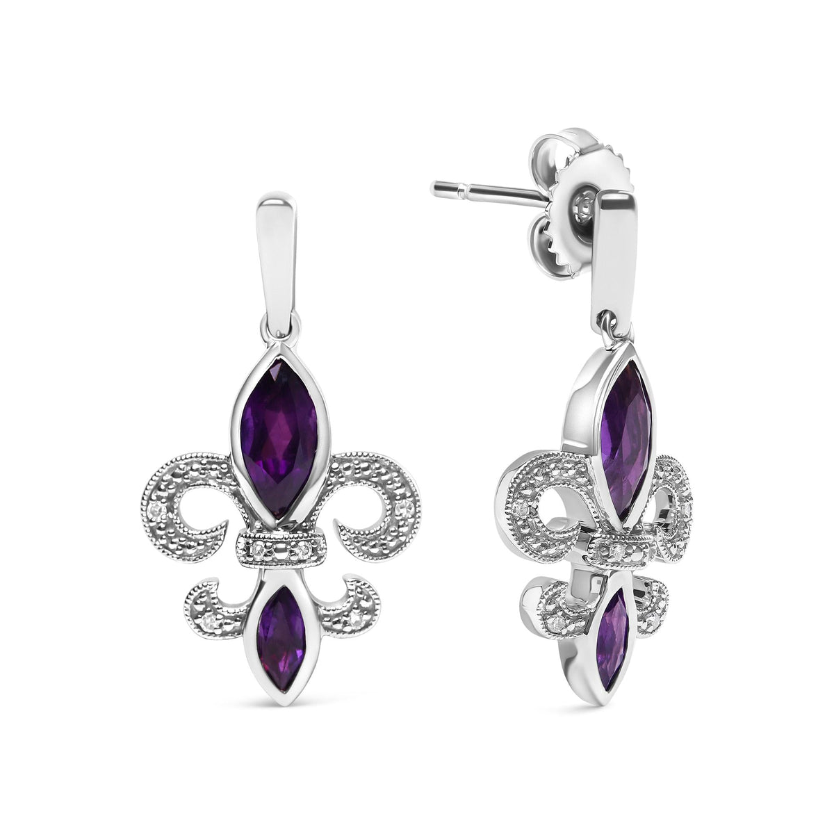 .925 Sterling Silver Marquise Cut Amethyst and Diamond Accent Fleur De Lis Dangle Stud Earrings (H-I Color, SI1-SI2 Clarity)-1