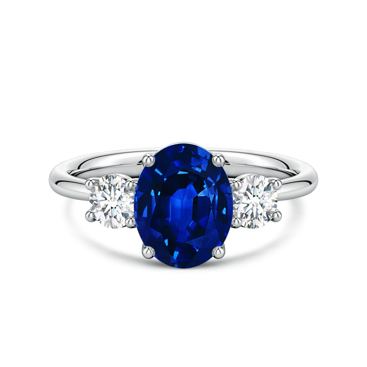 2.50 CTW Oval Lab-Grown Blue Sapphire Diamond Three-Stone Engagement Ring AGI Certified 8×6mm 14K White Gold-1