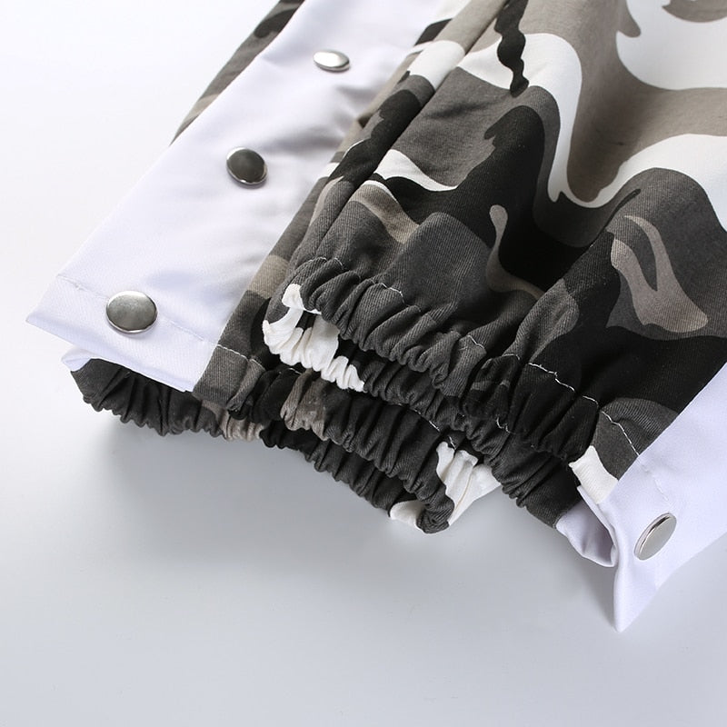 Camo Print High-Waisted Side Button Cuffed Pants
