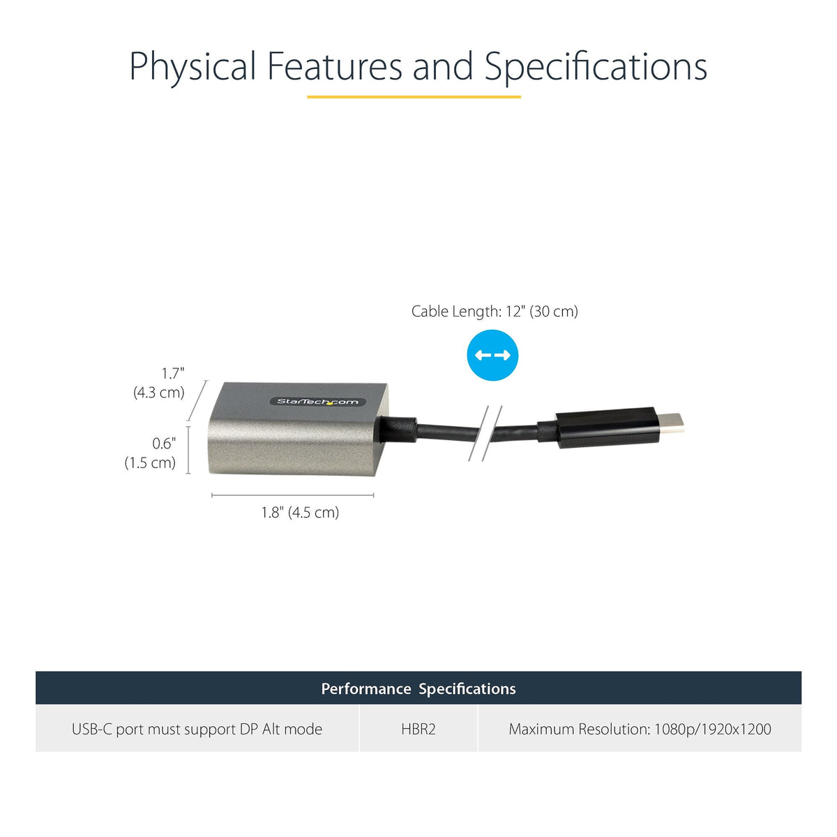 Star Tech USB C to VGA Adapter - 1080p USB Type-C to VGA Adapter Dongle - USB-C (DP Alt Mode) to VGA Monitor/Display Video Converter - Thunderbolt 3 Compatible - 12" Long Attached Cable - Upgraded Version of CDP2VGA