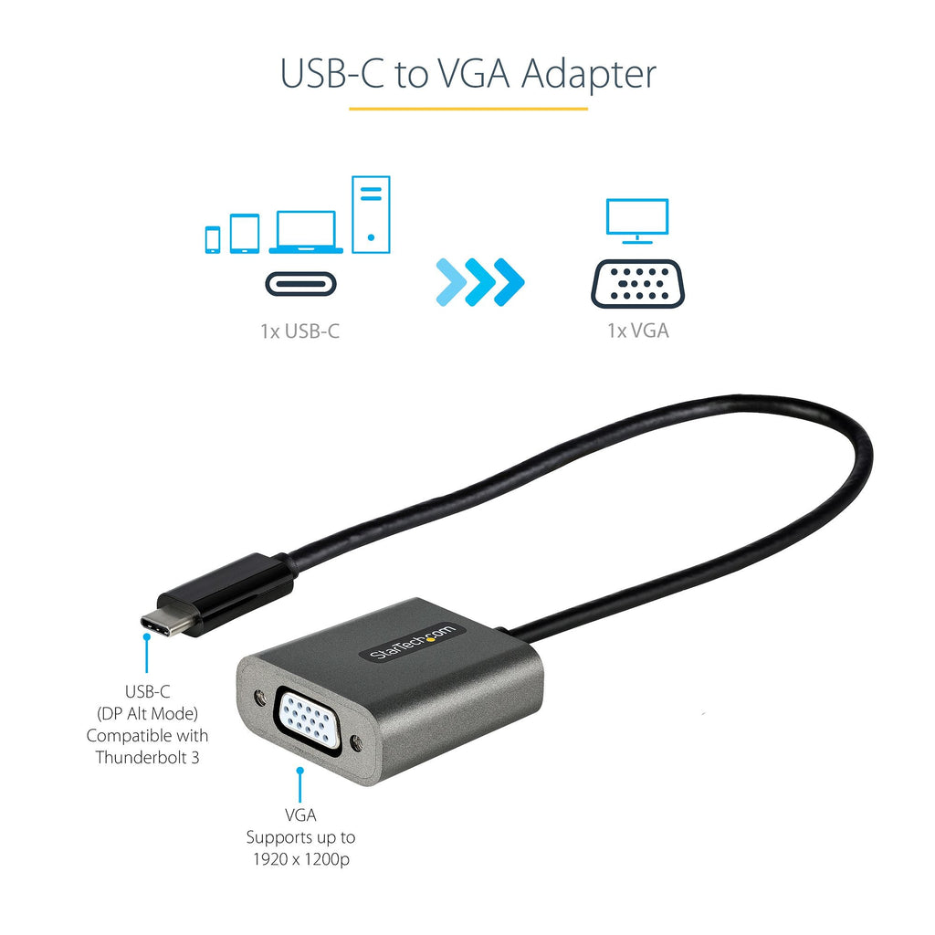 Star Tech USB C to VGA Adapter - 1080p USB Type-C to VGA Adapter Dongle - USB-C (DP Alt Mode) to VGA Monitor/Display Video Converter - Thunderbolt 3 Compatible - 12" Long Attached Cable - Upgraded Version of CDP2VGA