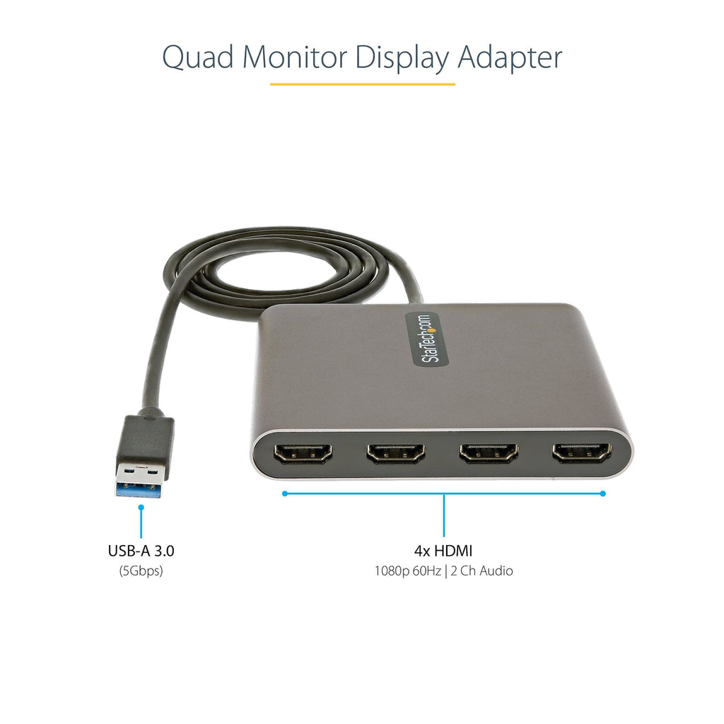 Star Tech USB 3.0 to Quad HDMI Adapter, USB to 4x HDMI Monitor Converter for Windows (no support for macOS/ChromeOS/Linux) - TAA