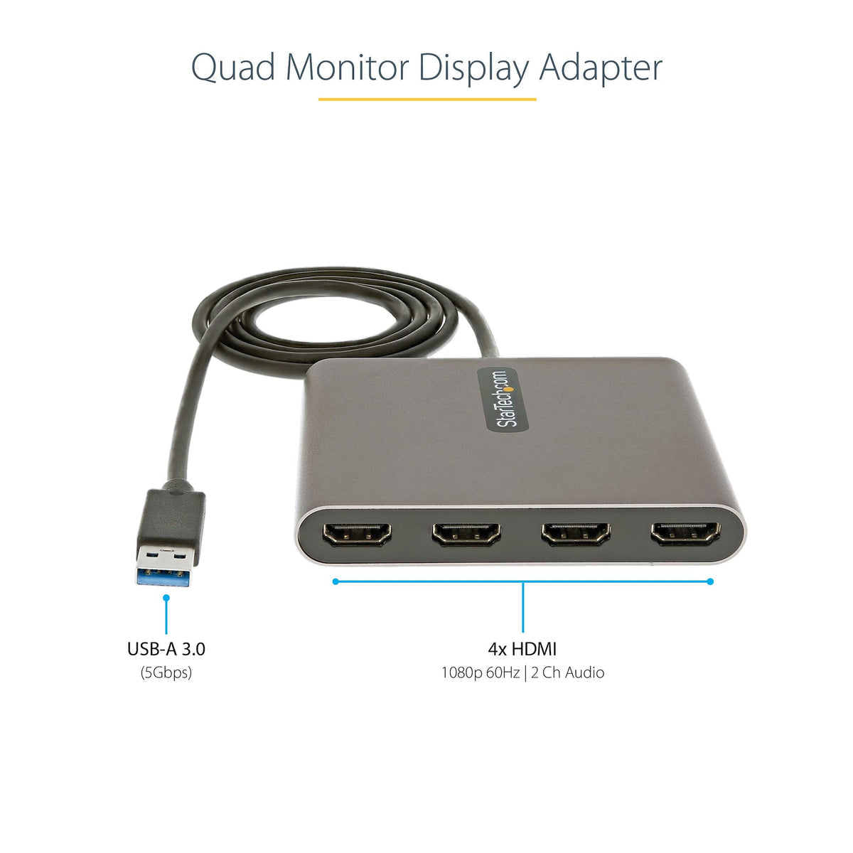 Star Tech USB 3.0 to Quad HDMI Adapter, USB to 4x HDMI Monitor Converter for Windows (no support for macOS/ChromeOS/Linux) - TAA