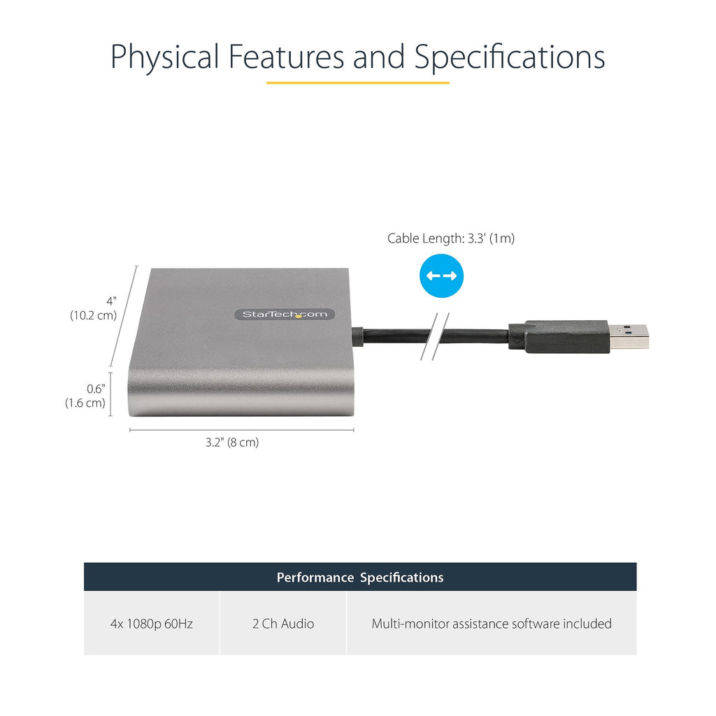 Star Tech USB 3.0 to Quad HDMI Adapter, USB to 4x HDMI Monitor Converter for Windows (no support for macOS/ChromeOS/Linux) - TAA