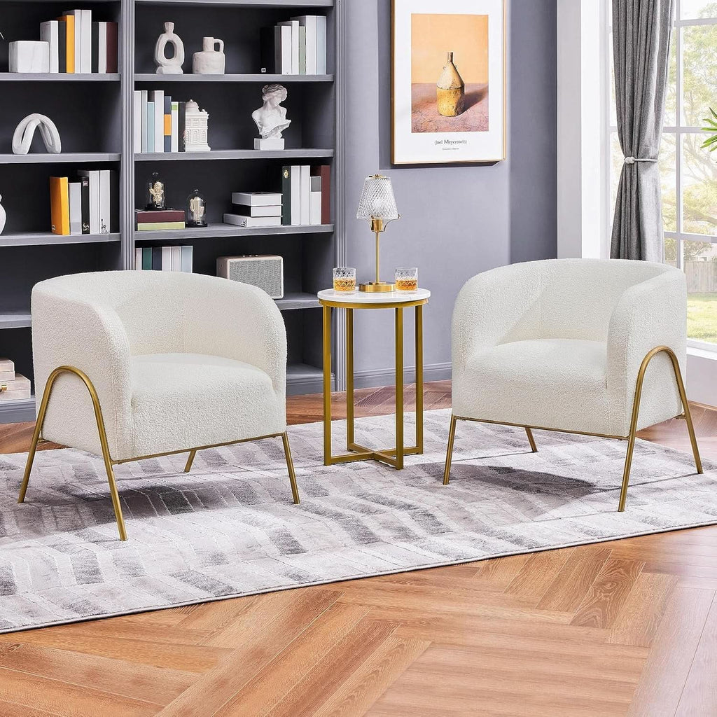 Ivory Boucle Accent Chairs Set Of 2 With Gold Legs-2