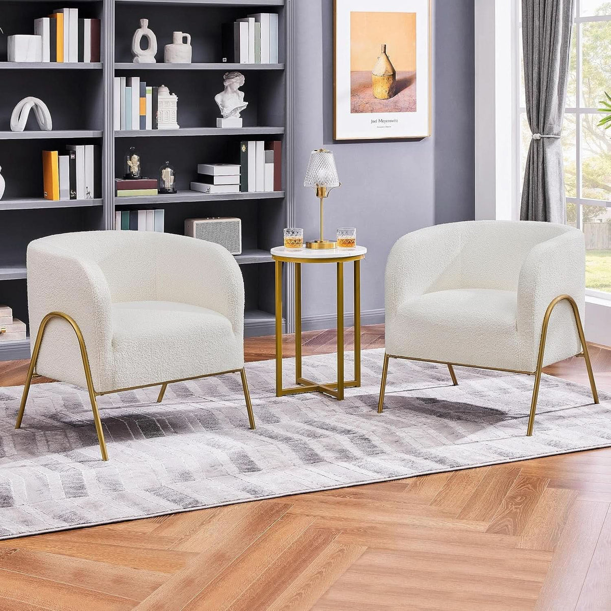 Ivory Boucle Accent Chairs Set Of 2 With Gold Legs-2
