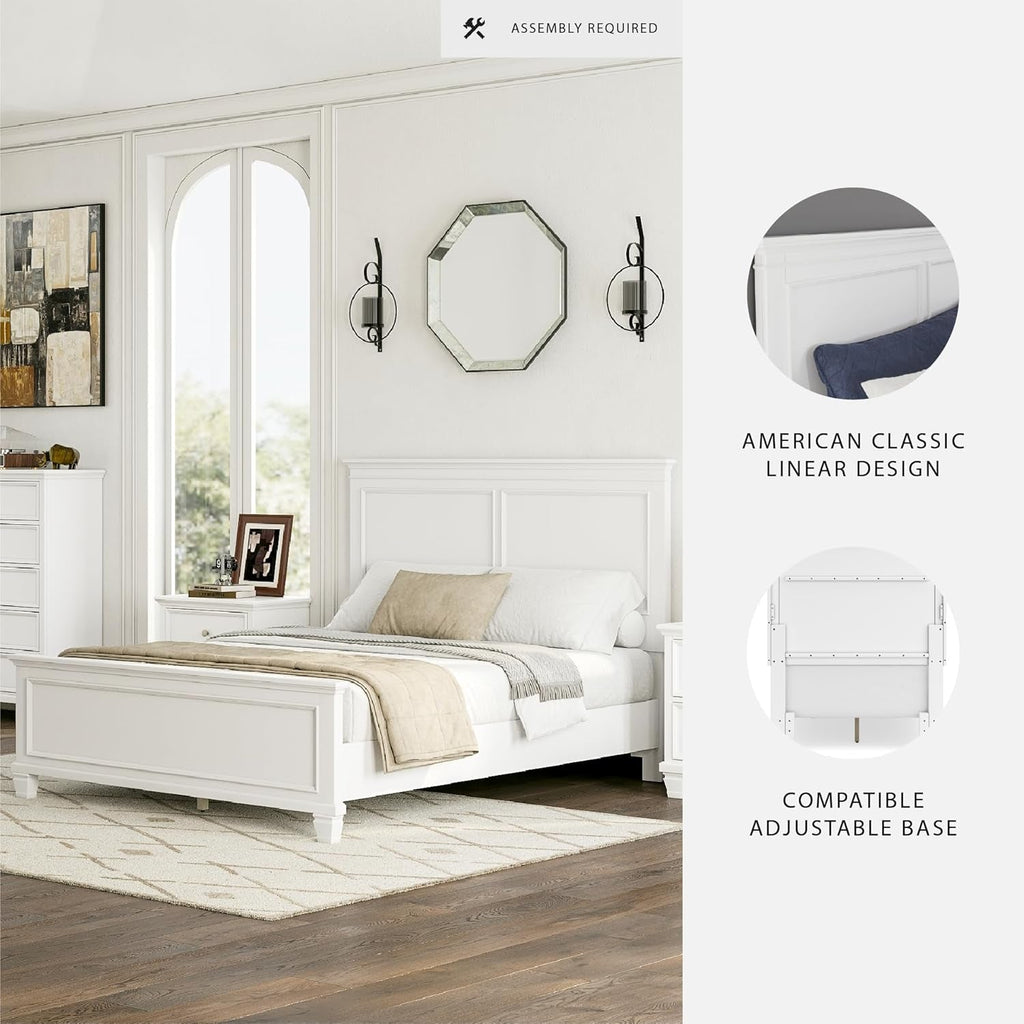 Queen Panel Bed White With Sculpted Ornate Tapered Feet