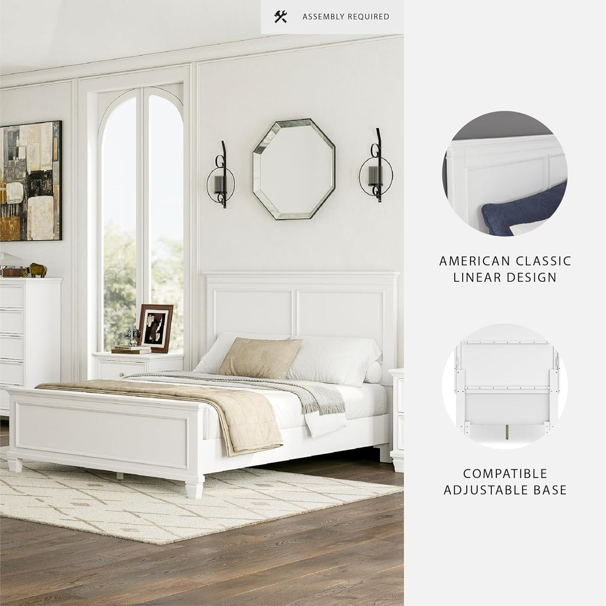 Queen Panel Bed White With Sculpted Ornate Tapered Feet