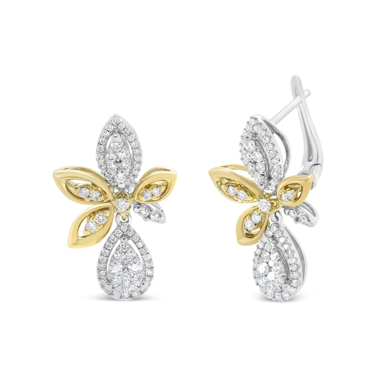 14K White and Yellow Gold 1.00 Cttw Round Pave-Set Diamond Teardrop and Marquise Shape Drop Dangle Earrings (H-I Color, SI1-SI2 Clarity)-0