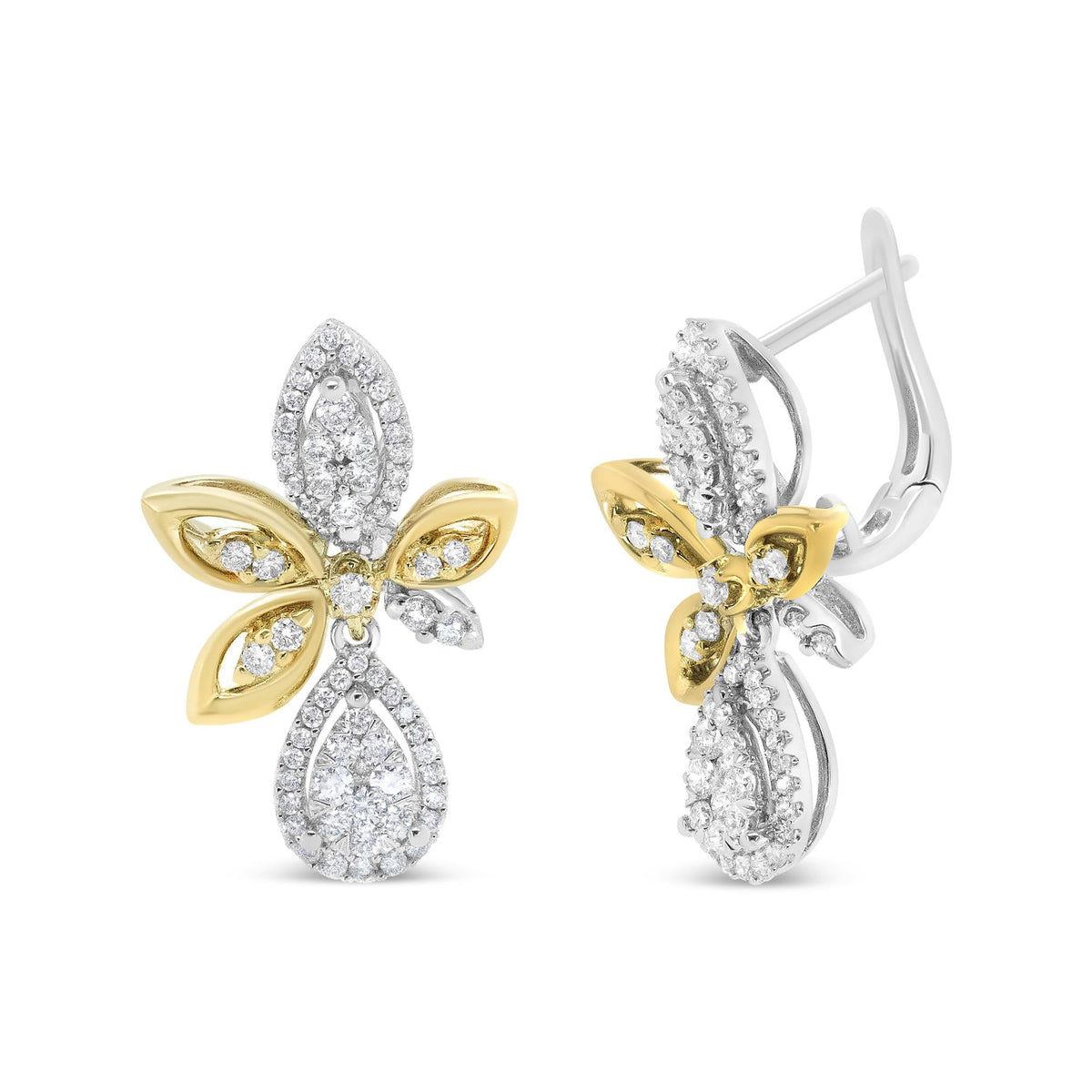 14K White and Yellow Gold 1.00 Cttw Round Pave-Set Diamond Teardrop and Marquise Shape Drop Dangle Earrings (H-I Color, SI1-SI2 Clarity)-4