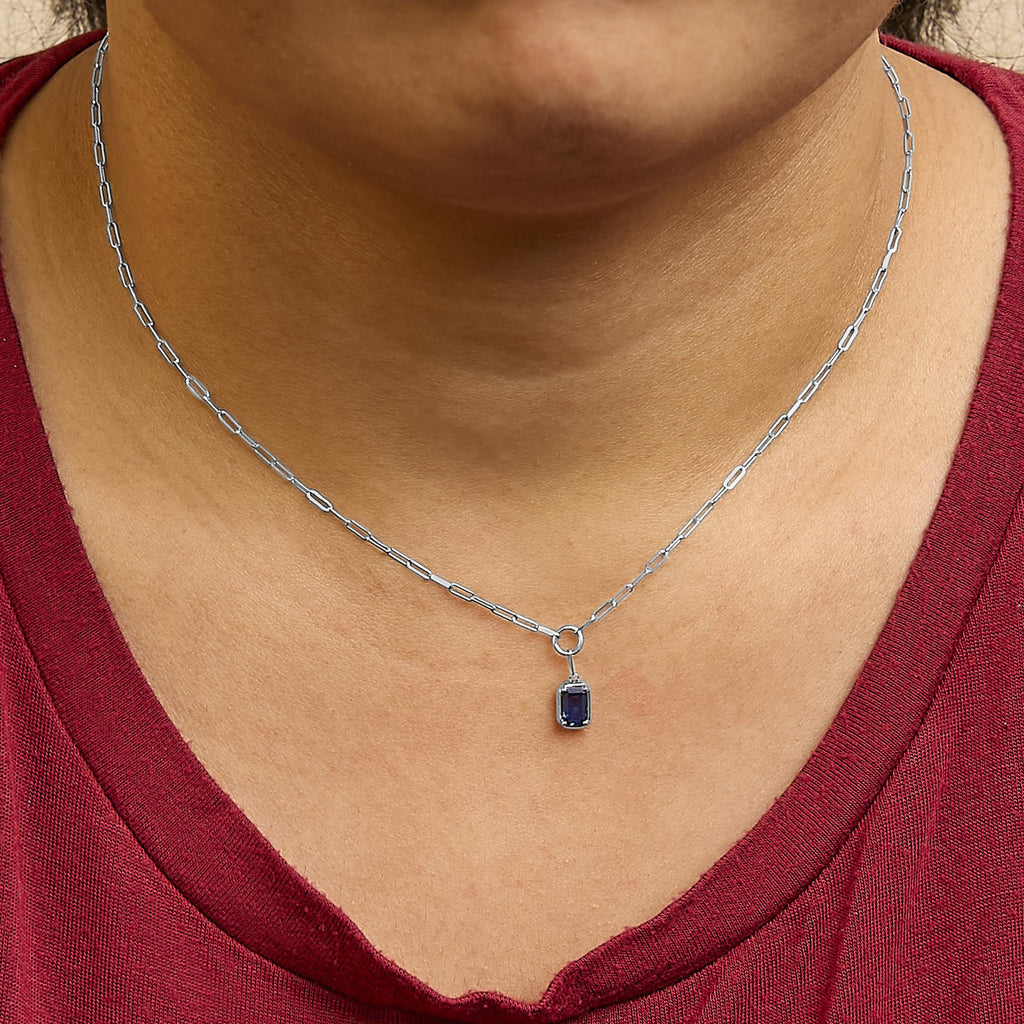 10K White Gold Emerald Cut 6x4 MM Blue Sapphire Solitaire Pendant Necklace - 18 inch
