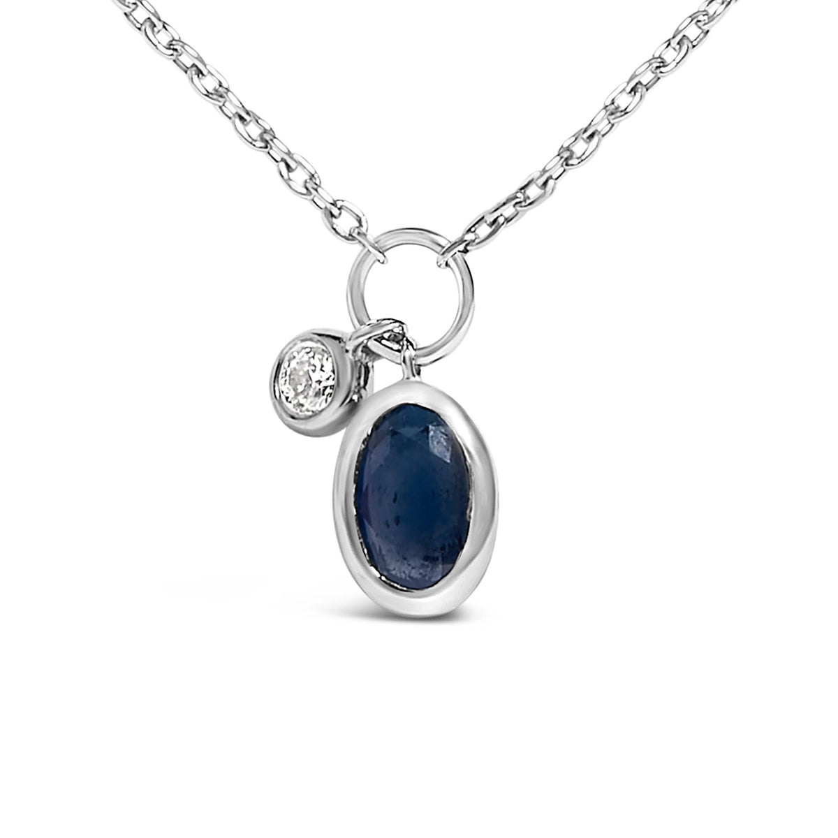 10K White Gold Oval Blue Sapphire and Diamond Double Charm Pendant Necklace - 18" Inches