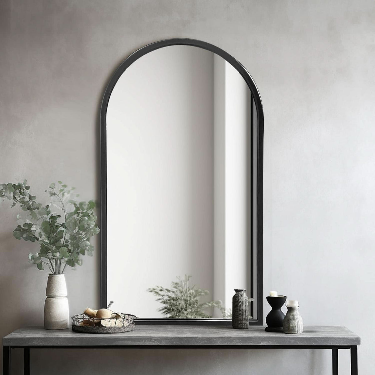 Black Arched Wall Mirror 42x24 Inches With Iron Frame-1