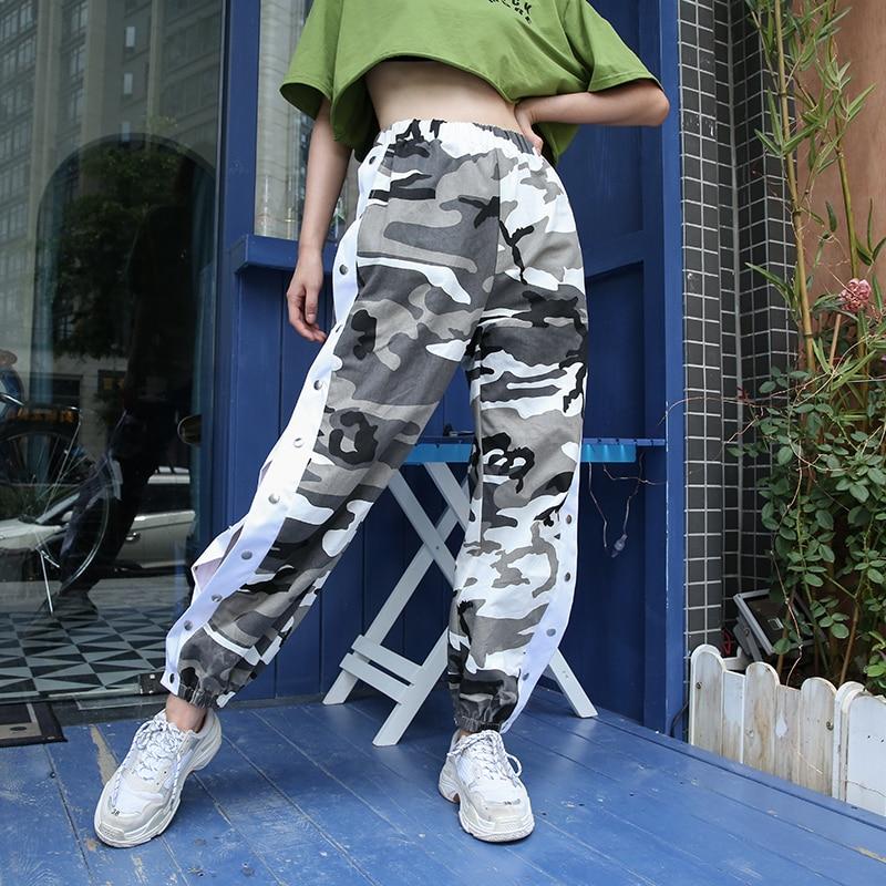 Camo Print High-Waisted Side Button Cuffed Pants