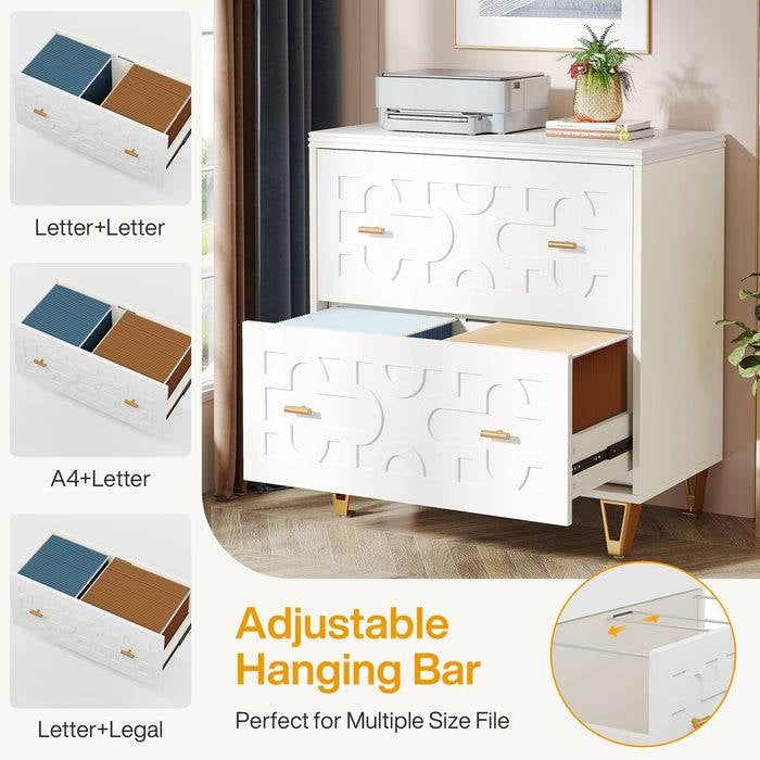 Retro White/Gold Geometric Scroll 2 Drawer Filing Cabinet Printer Stand-3