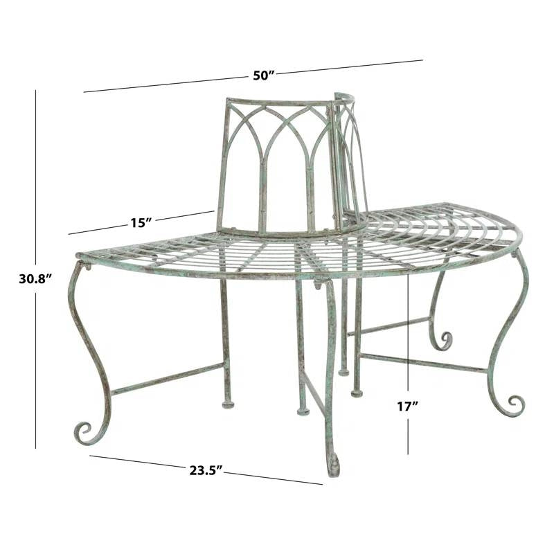 Half-Circle Outdoor Patio Garden Wrought Iron Tree Bench in Antique Green-4