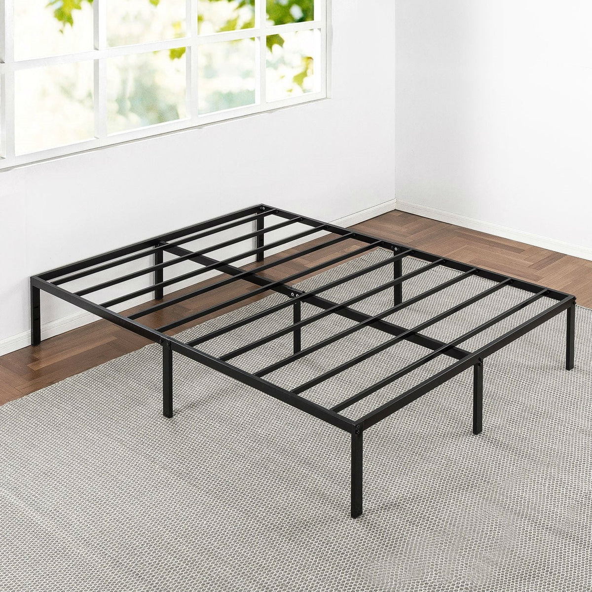 Queen size Sturdy Black Metal Platform Bed Frame with Headboard Attachments-1