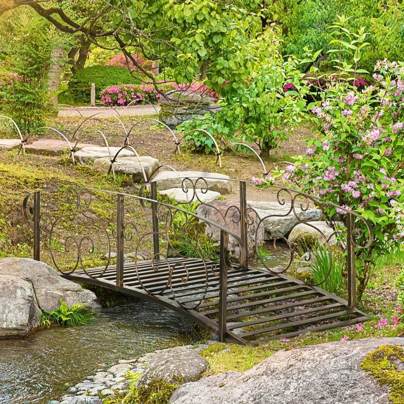 Outdoor Vintage Bronze Arch 6-ft Garden Bridge with Side-Rails-1