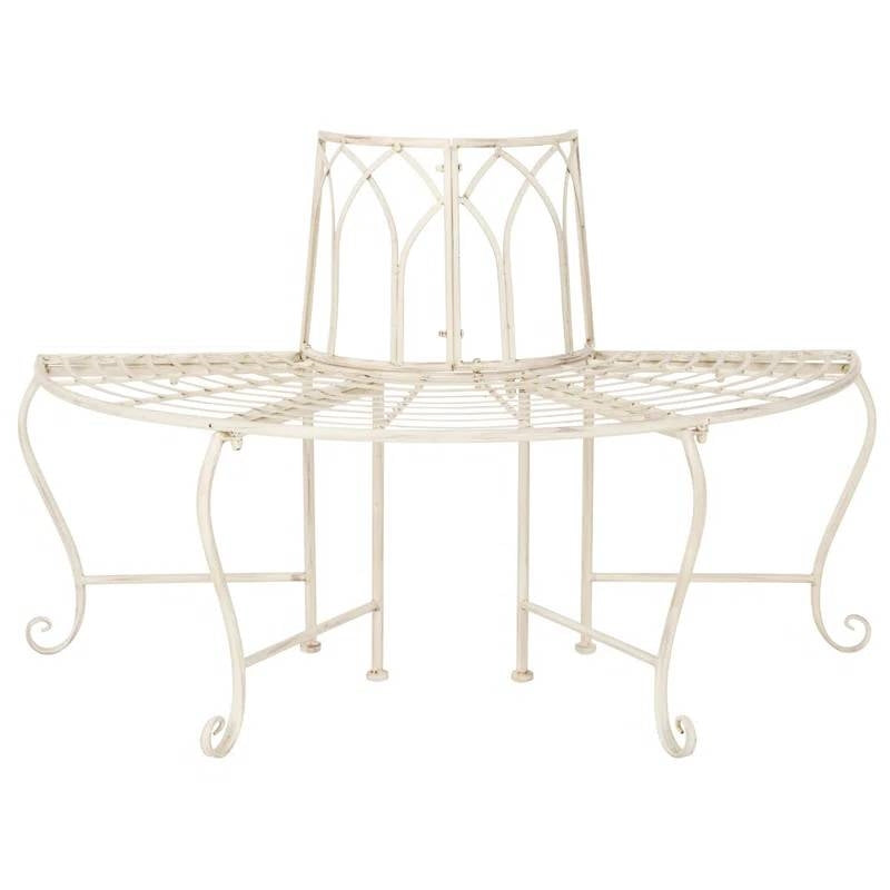 Half-Circle Outdoor Patio Garden Antique White Wrought Iron Tree Bench-1