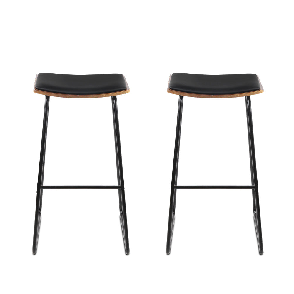 NNEDSZ Set of 2 Backless PU Leather Bar Stools - Black and Wood-2