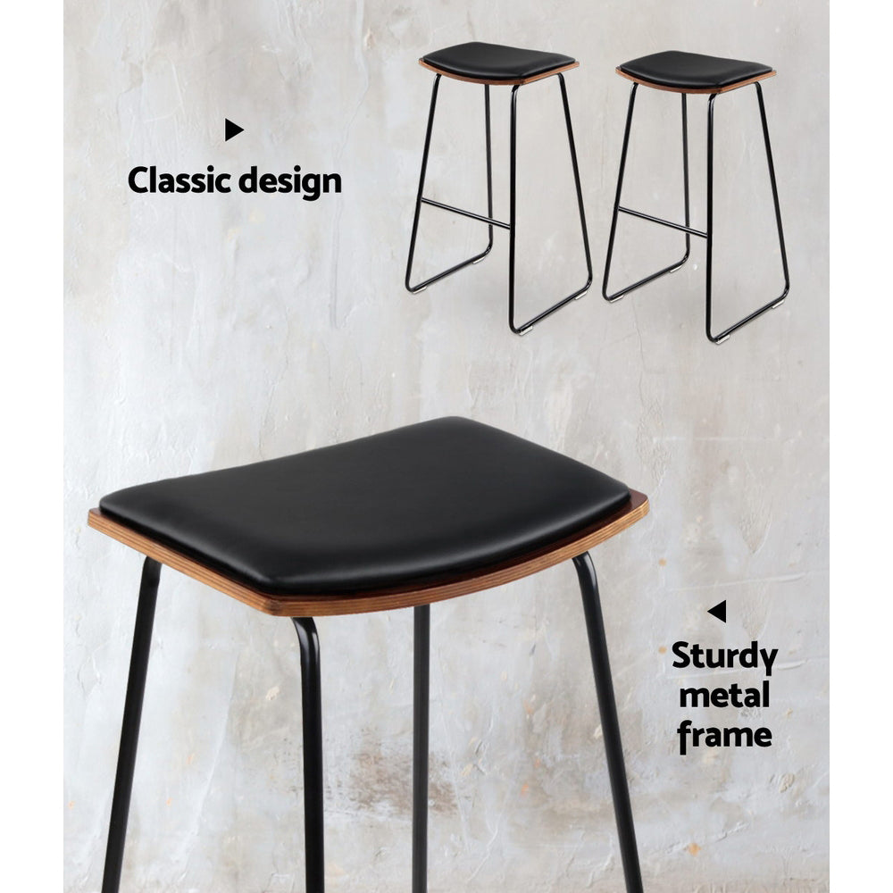 NNEDSZ Set of 2 Backless PU Leather Bar Stools - Black and Wood-4