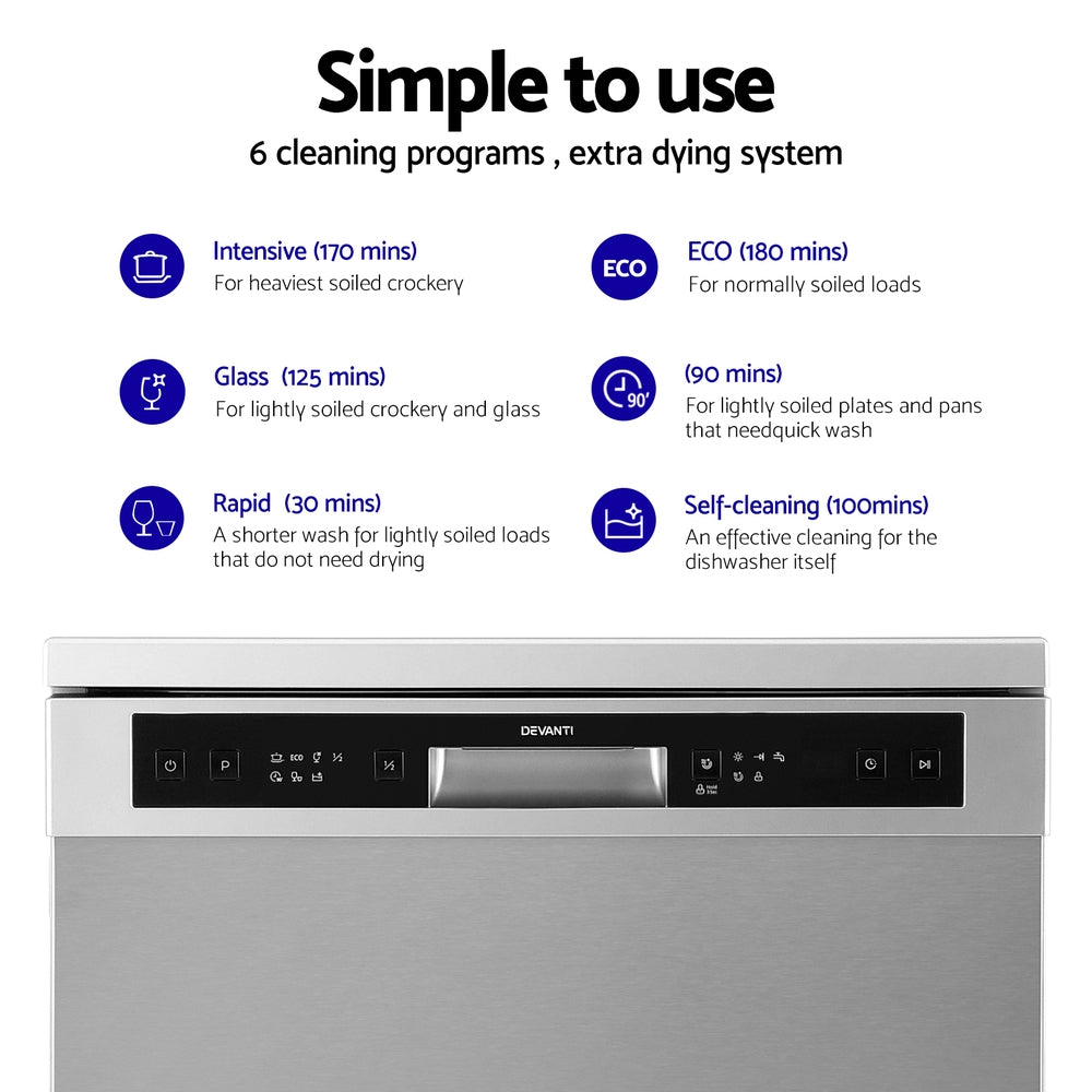 NNEDSZ Devanti 60cm 14 Place Settings Freestanding Dishwasher Silver-4