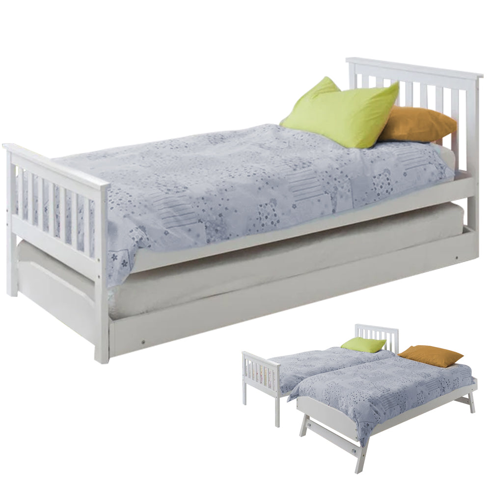 NNEMB Wooden Single Bed Frame w/ Pop Up Trundle, for Kids Bedroom, White-0