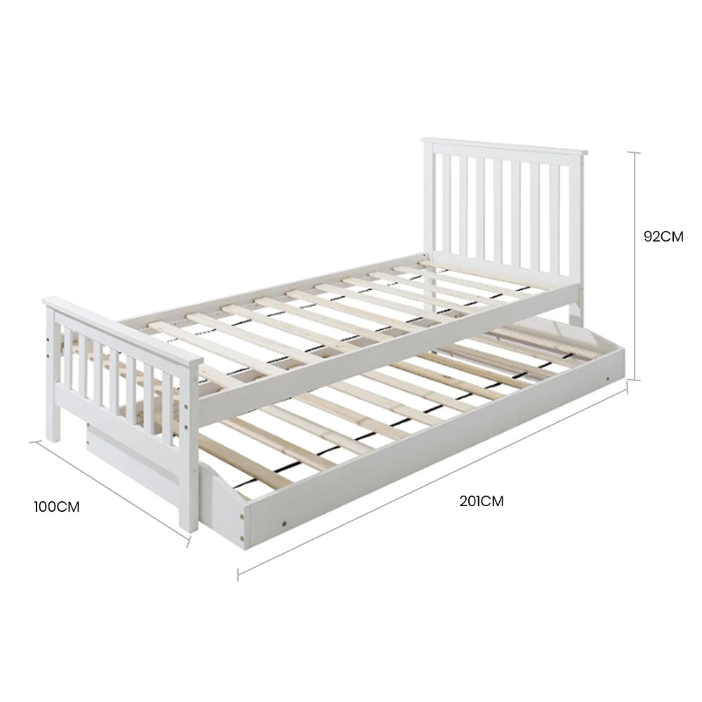 NNEMB Wooden Single Bed Frame w/ Pop Up Trundle, for Kids Bedroom, White-2