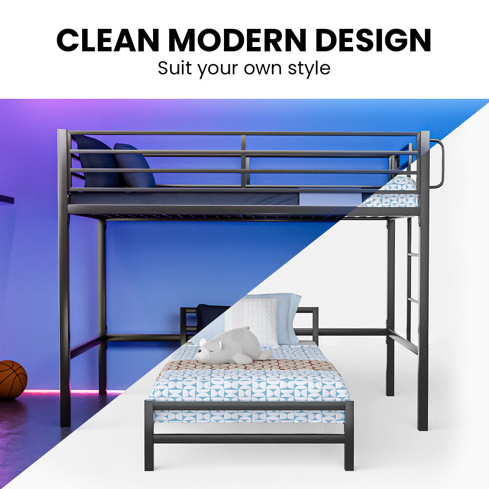 NNEMB SLUMBER Single Loft Bed And Single Underbed, Multifunctional, Space Saving with Fixed Ladder, Matte Dark Grey-1