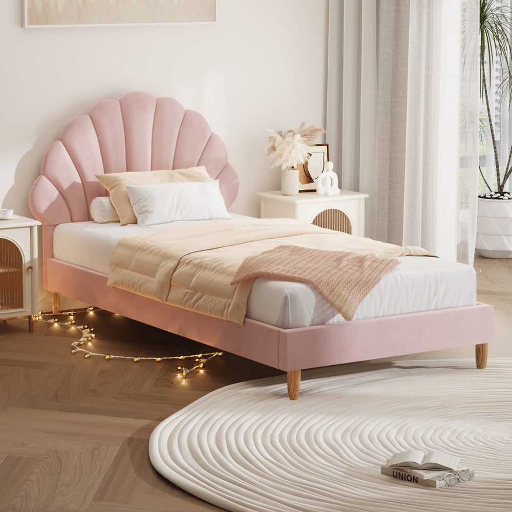 NNEED Single Bed Frame Scallop-Shape Bedhead Pink Velvet-3