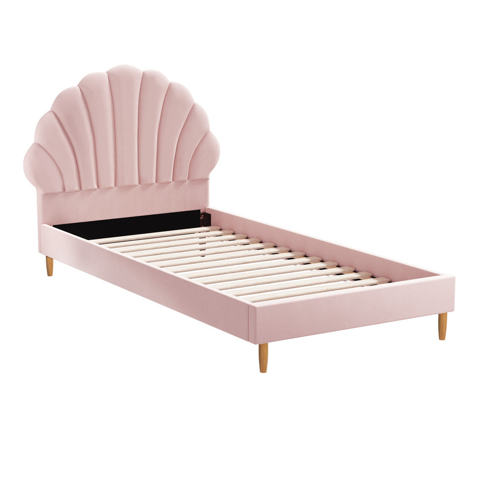 NNEED Single Bed Frame Scallop-Shape Bedhead Pink Velvet-0