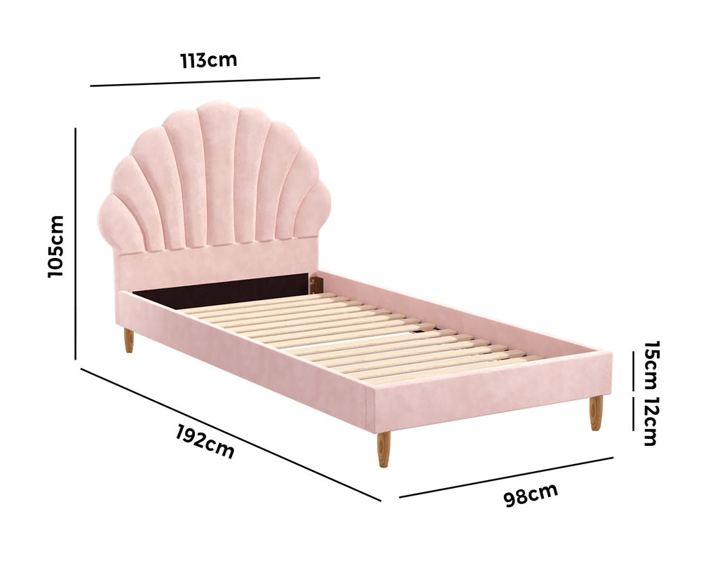 NNEED Single Bed Frame Scallop-Shape Bedhead Pink Velvet-4