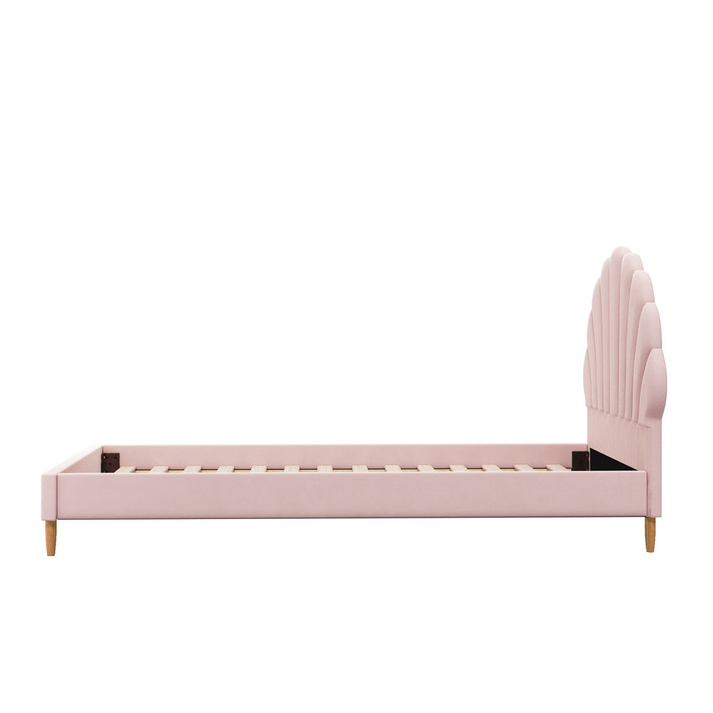 NNEED Single Bed Frame Scallop-Shape Bedhead Pink Velvet-1