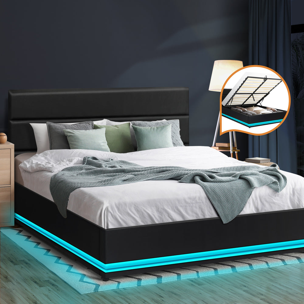 NNEED Double Bed Frame Gas Lift RBG Storage Space Black-1