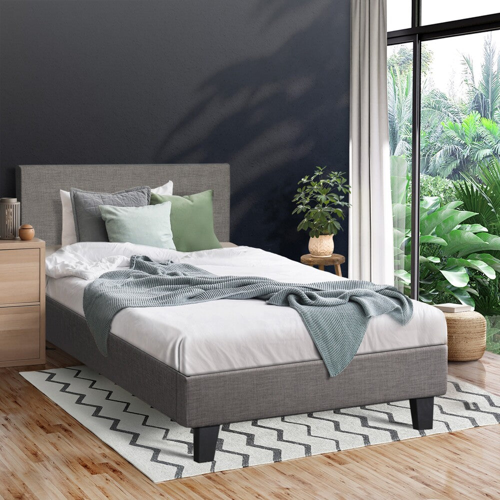 NNEED Bed Frame Single Size Wooden Slats Grey Fabric-2