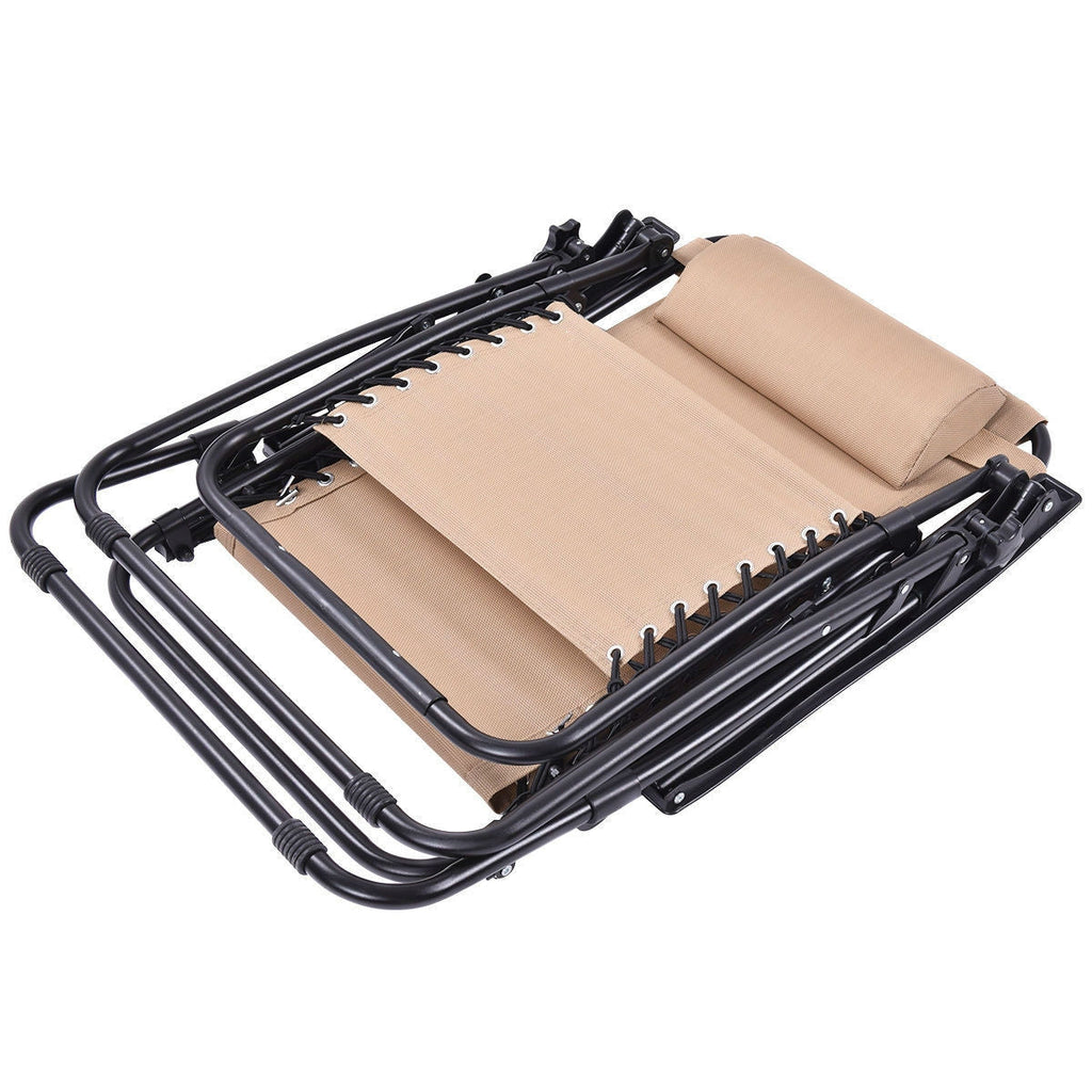 Set of 2 Beige Folding Outdoor Zero Gravity Lounge Chair Recliner-3