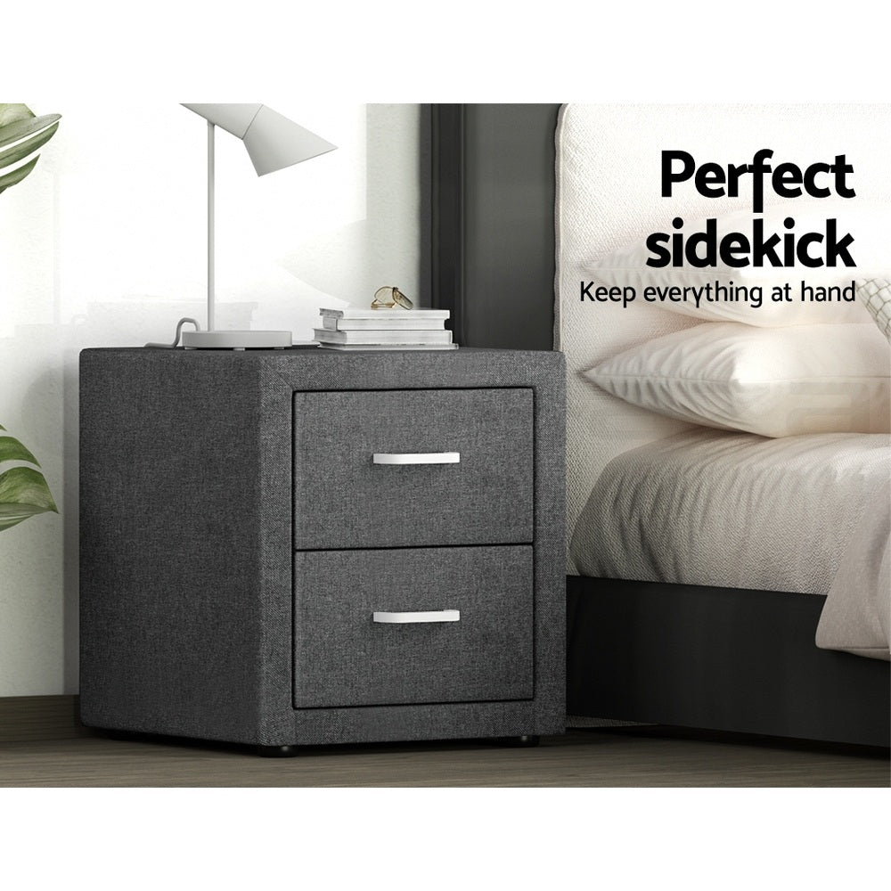 Artiss 2X Bedside Table 2 Drawers Side Table Fabric - CADEN Grey-3