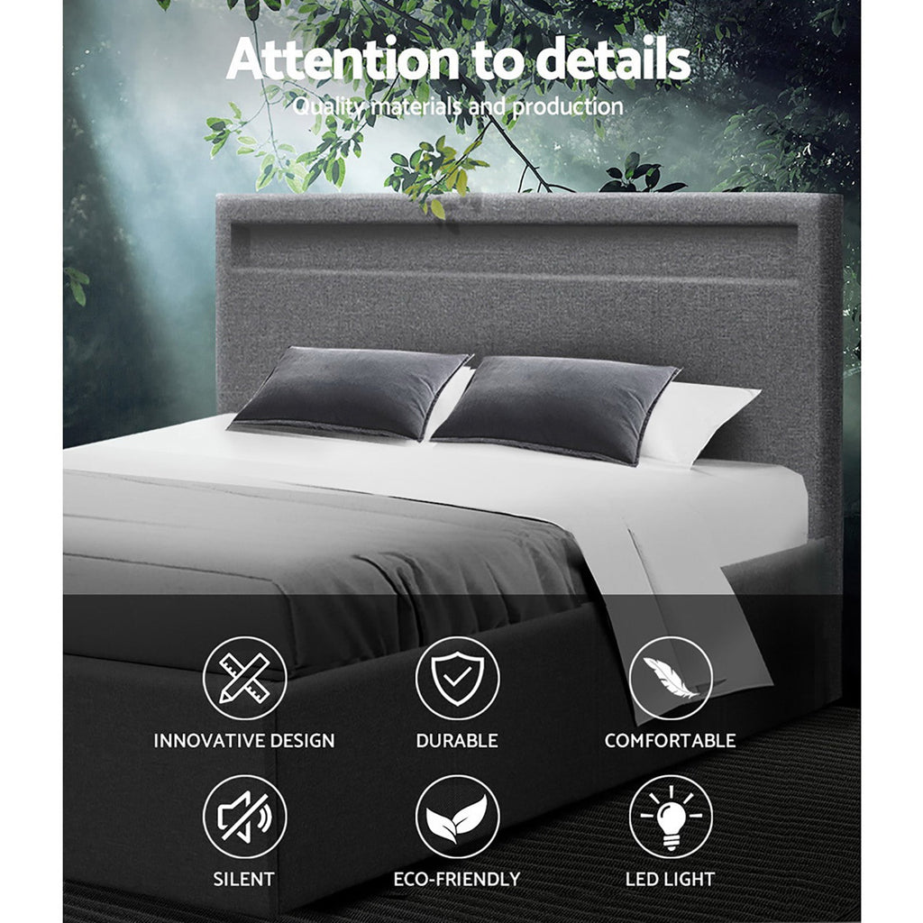 NNEDSZ Artiss Bed Frame Queen Size LED Gas Lift Grey COLE-3