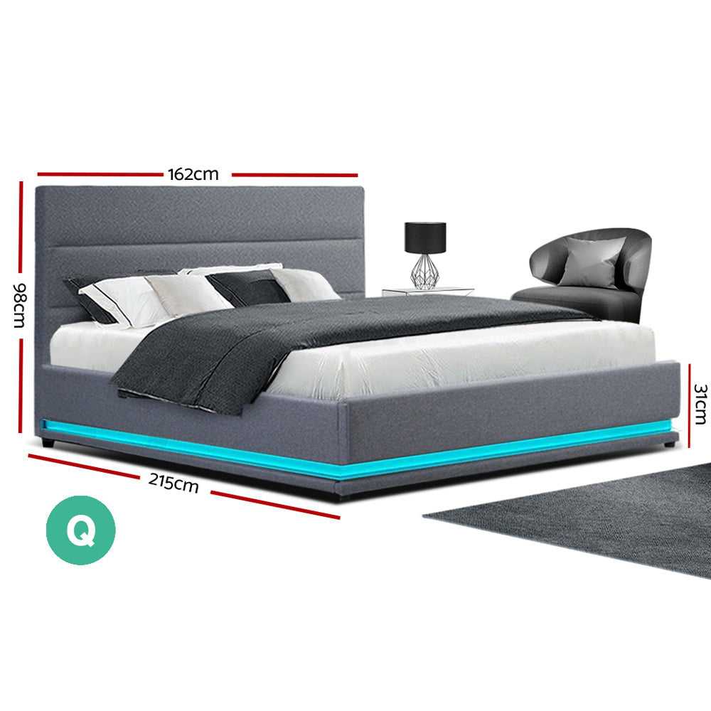 NNEDSZ Artiss Bed Frame Queen Size LED Gas Lift Grey LUMI-1