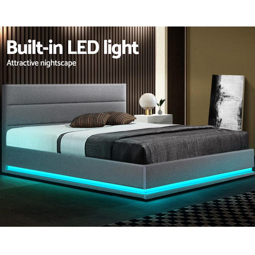 NNEDSZ Artiss Bed Frame Queen Size LED Gas Lift Grey LUMI-3