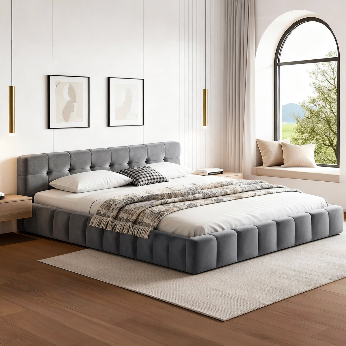 Artiss Queen Size Bed Frame Plush Soft Headboard Velvet Platform Base for Modern Bedrooms Grey-0