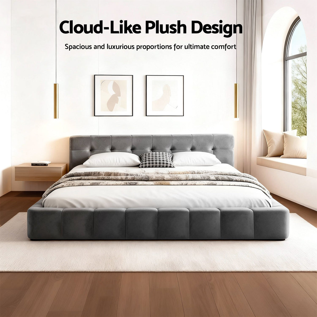 Artiss Queen Size Bed Frame Plush Soft Headboard Velvet Platform Base for Modern Bedrooms Grey-2