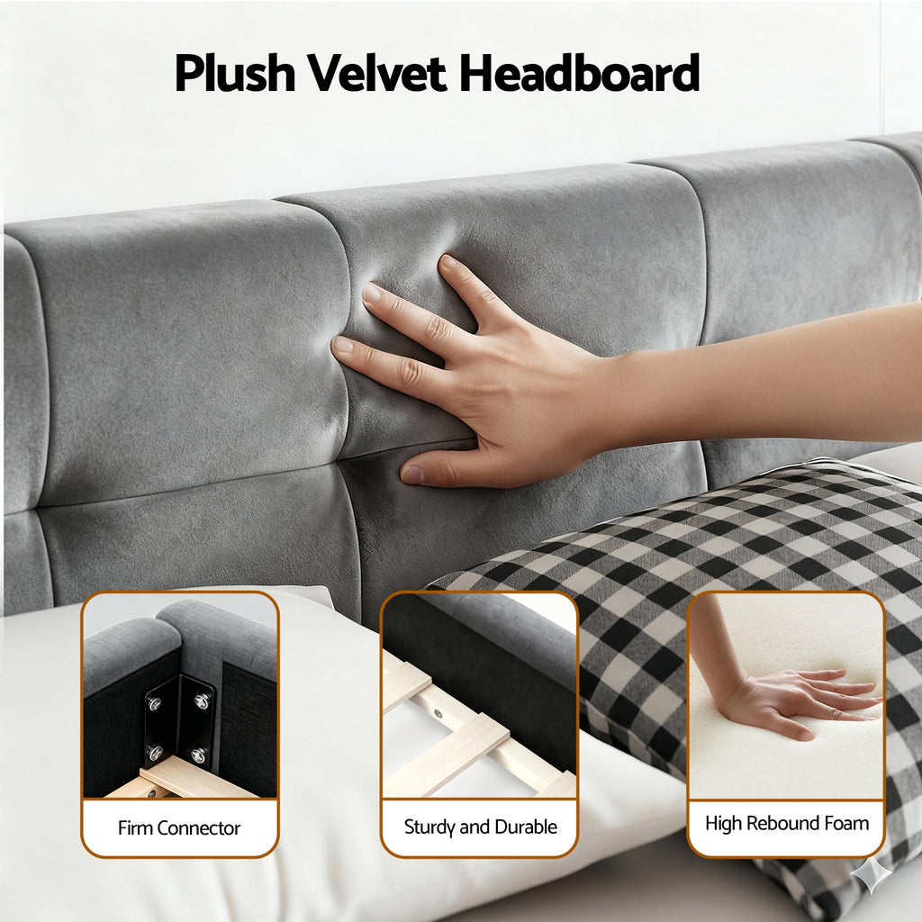 Artiss Queen Size Bed Frame Plush Soft Headboard Velvet Platform Base for Modern Bedrooms Grey-4