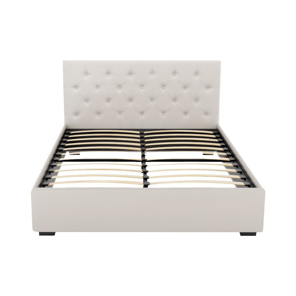 NNEDSZ Artiss Bed Frame Double Size Gas Lift Beige VILA-2