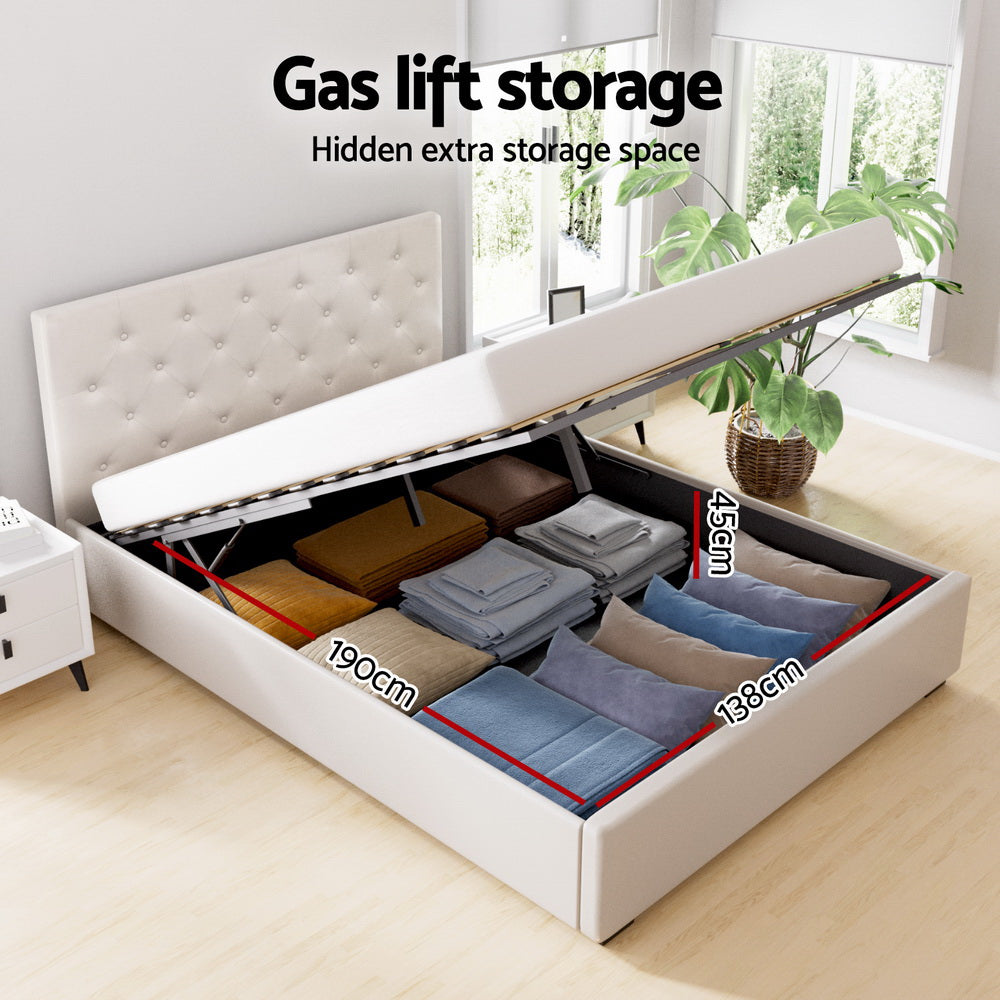 NNEDSZ Artiss Bed Frame Double Size Gas Lift Beige VILA-3