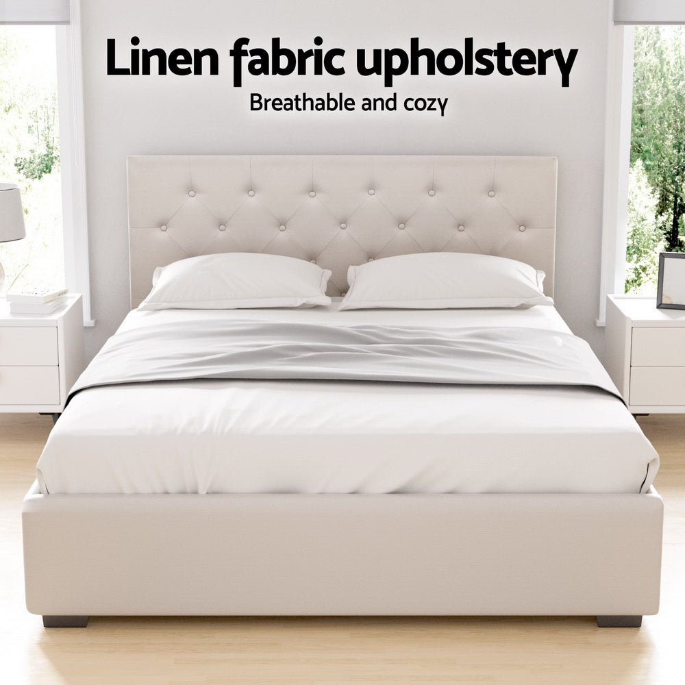 NNEDSZ Artiss Bed Frame Double Size Gas Lift Beige VILA-4