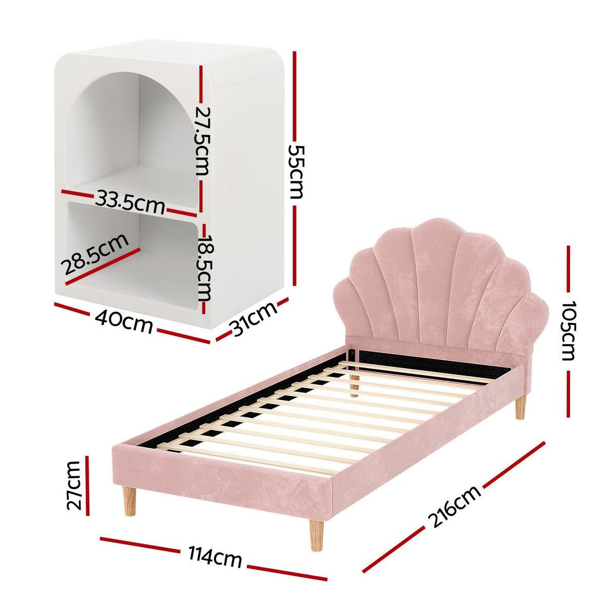 Artiss Bed Frame King Single with Bedside Table Set Scallop Headboard Pink Velvet Fabric Beds Base-1