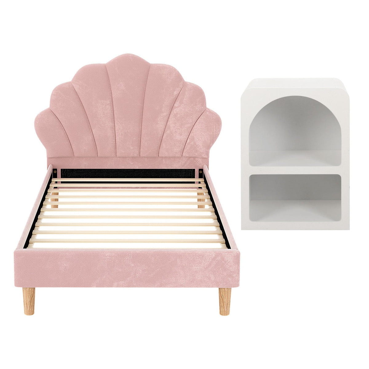 Artiss Bed Frame King Single with Bedside Table Set Scallop Headboard Pink Velvet Fabric Beds Base-2
