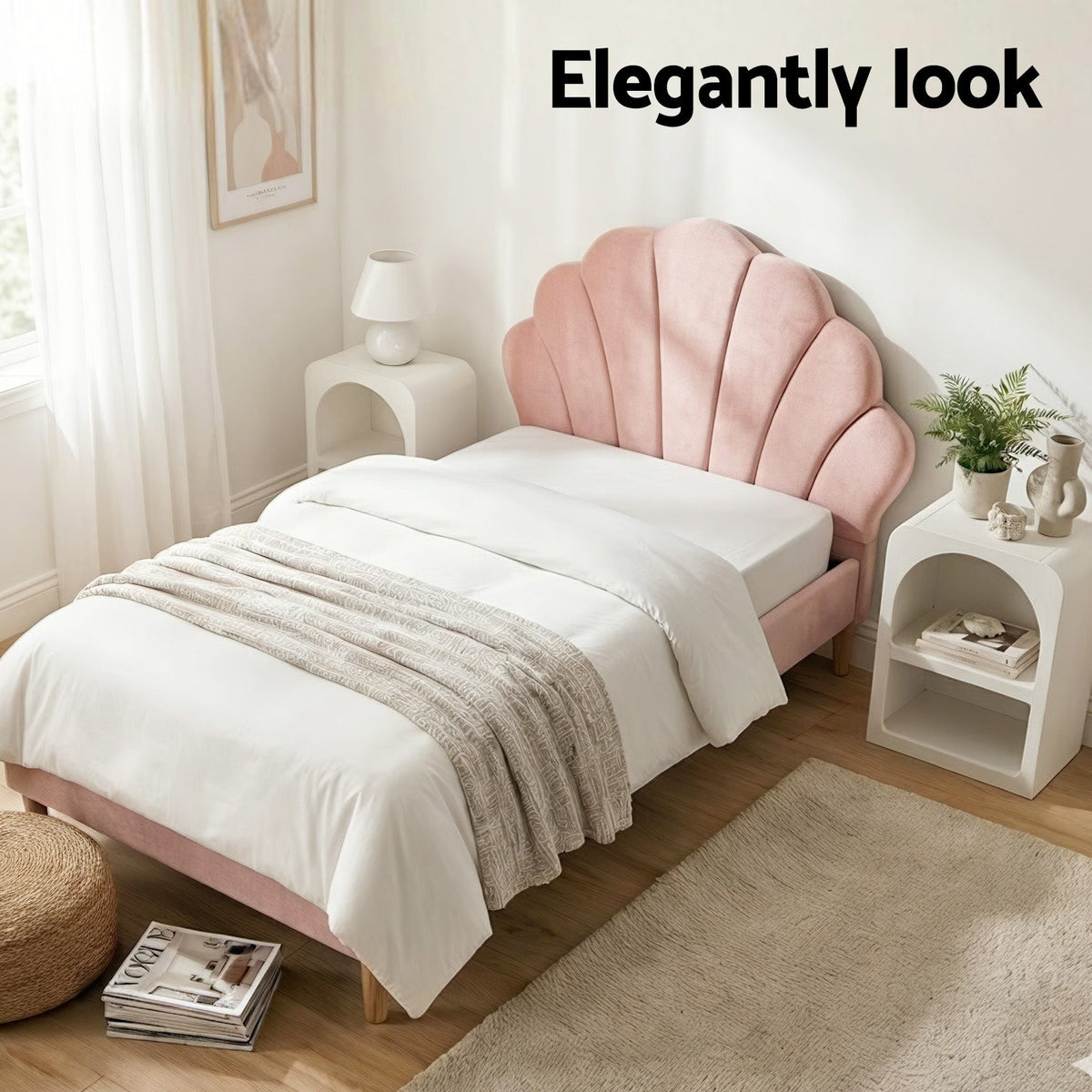 Artiss Bed Frame King Single with Bedside Table Set Scallop Headboard Pink Velvet Fabric Beds Base-3