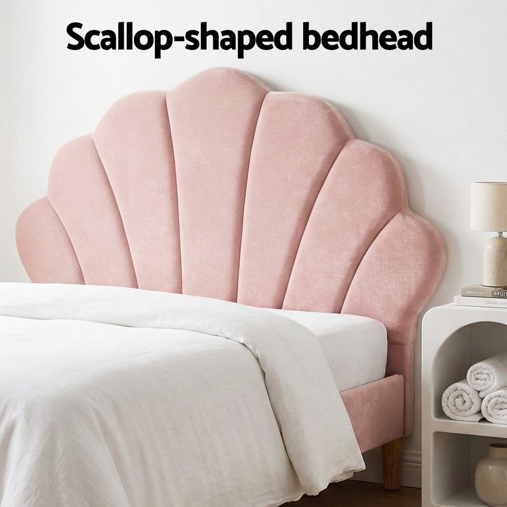 Artiss Bed Frame King Single with Bedside Table Set Scallop Headboard Pink Velvet Fabric Beds Base-4